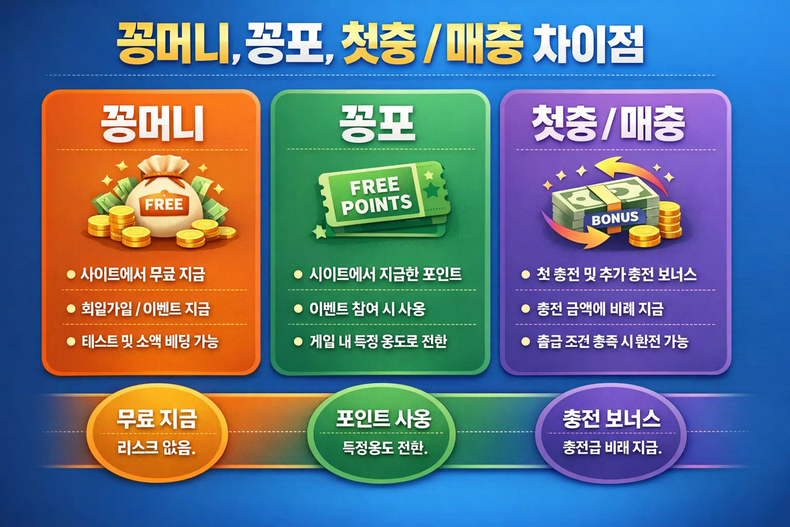 꽁머니 꽁포 첫충 매충 구조 차이를 설명하는 키워드 정리 이미지